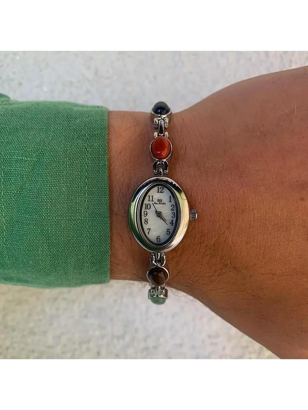 Boho Indoe style silver tone quartz watch with glass multi color jade stone